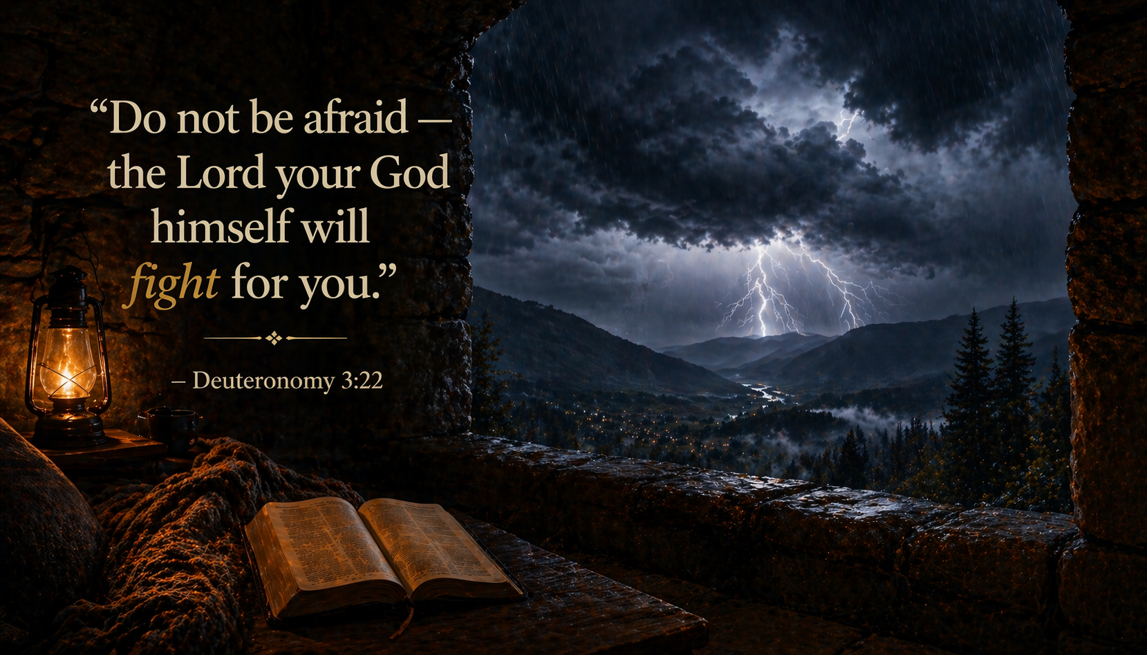Deuteronomy 3:22 Bible verse wallpaper - Do not be afraid God will fight for you - view from stone shelter watching lightning storm